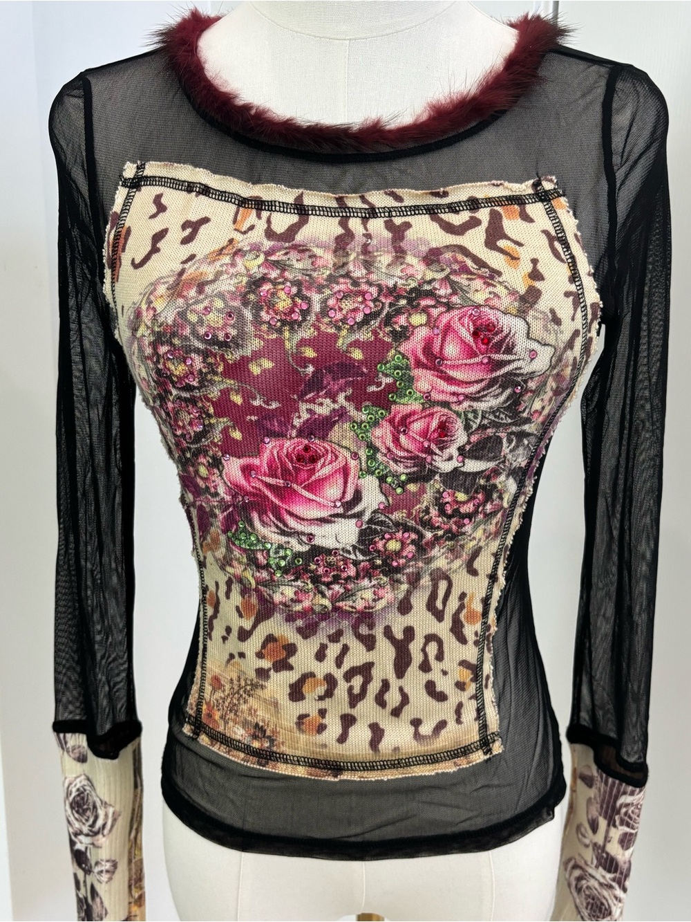 Alberto Makali Black Mesh Long-Sleeve Top with Burgundy Trim and Pink Rose Panel